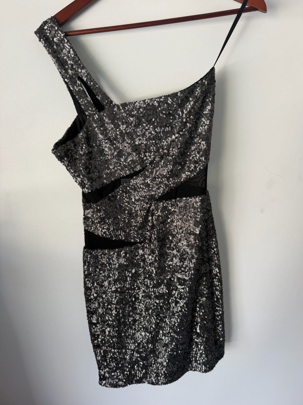 Allen Schwartz Prive black sequin & mesh Shoulder Cocktail Dress SZ M Glam Lux